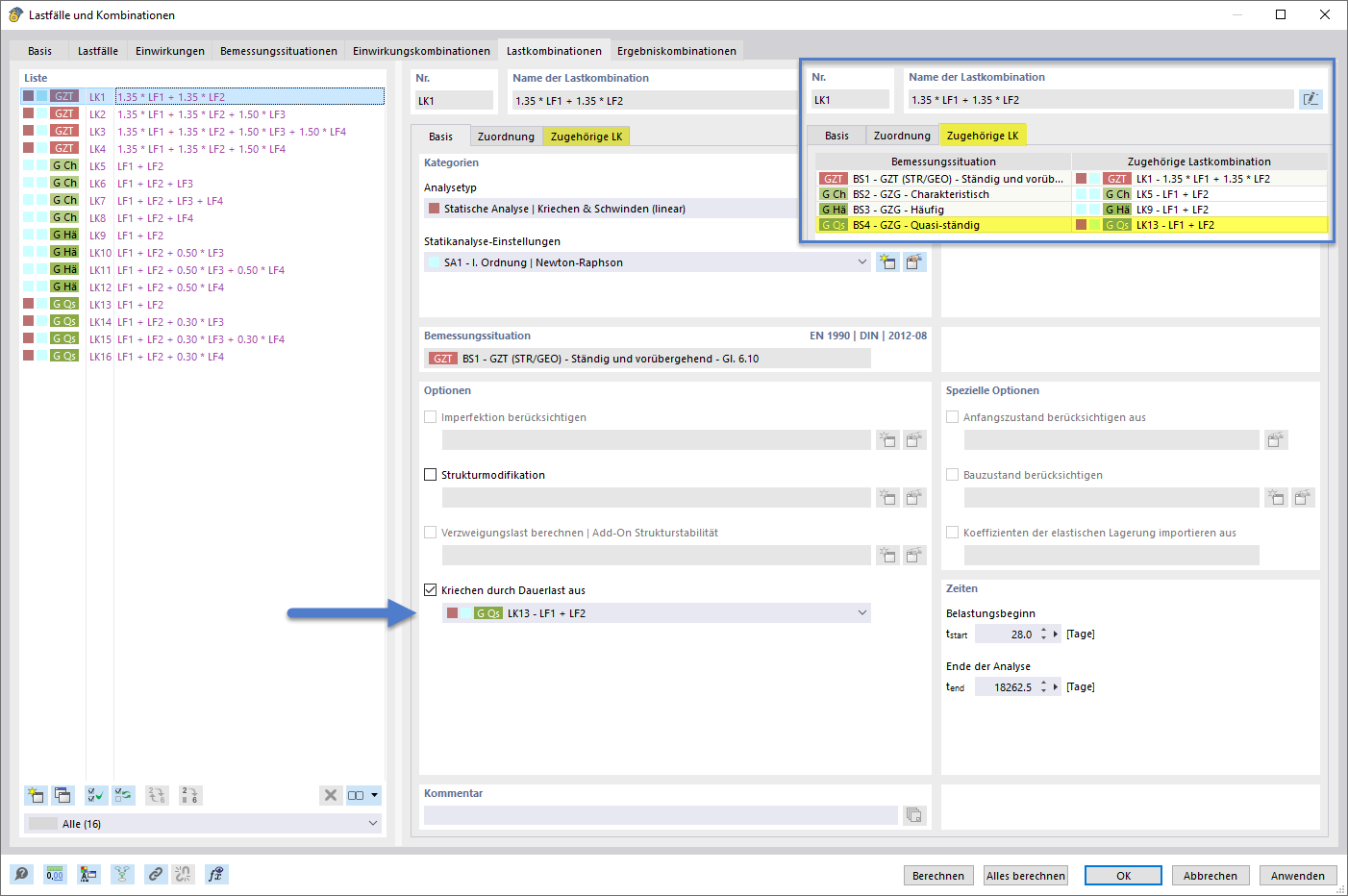 Setting the creep-inducing permanent load using the combination wizard and corresponding combinations