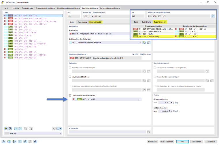 Setting the creep-inducing permanent load using the combination wizard and corresponding combinations