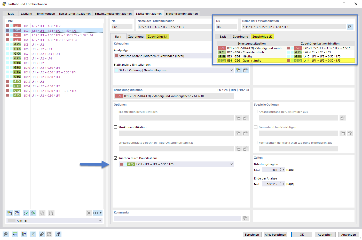 Setting of the creep-inducing permanent load using the combination wizard and corresponding combinations