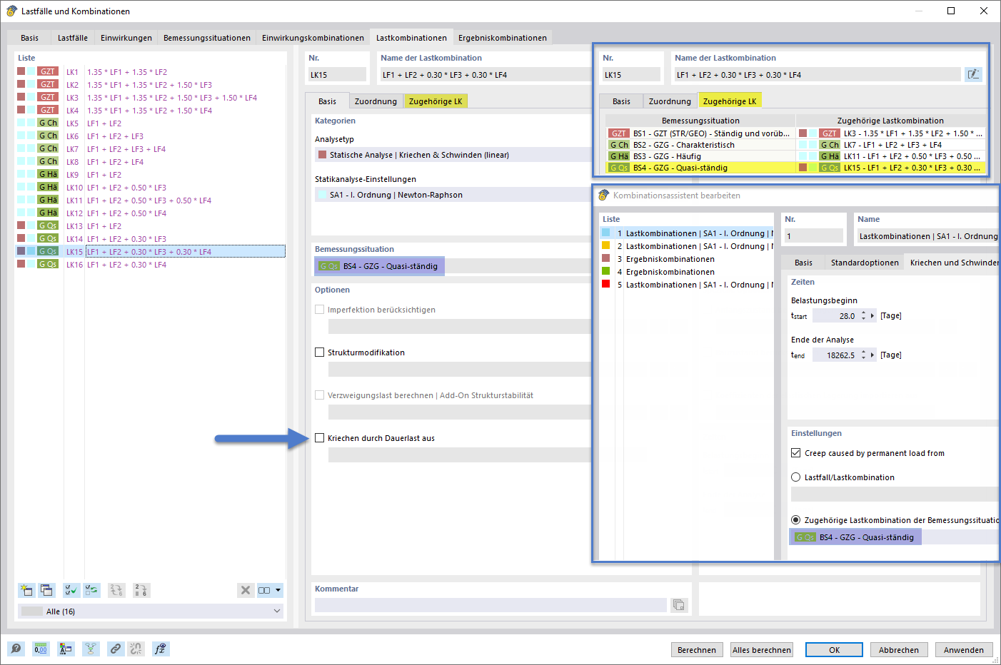 Setting of the creep-inducing permanent load using the combination wizard and corresponding combinations