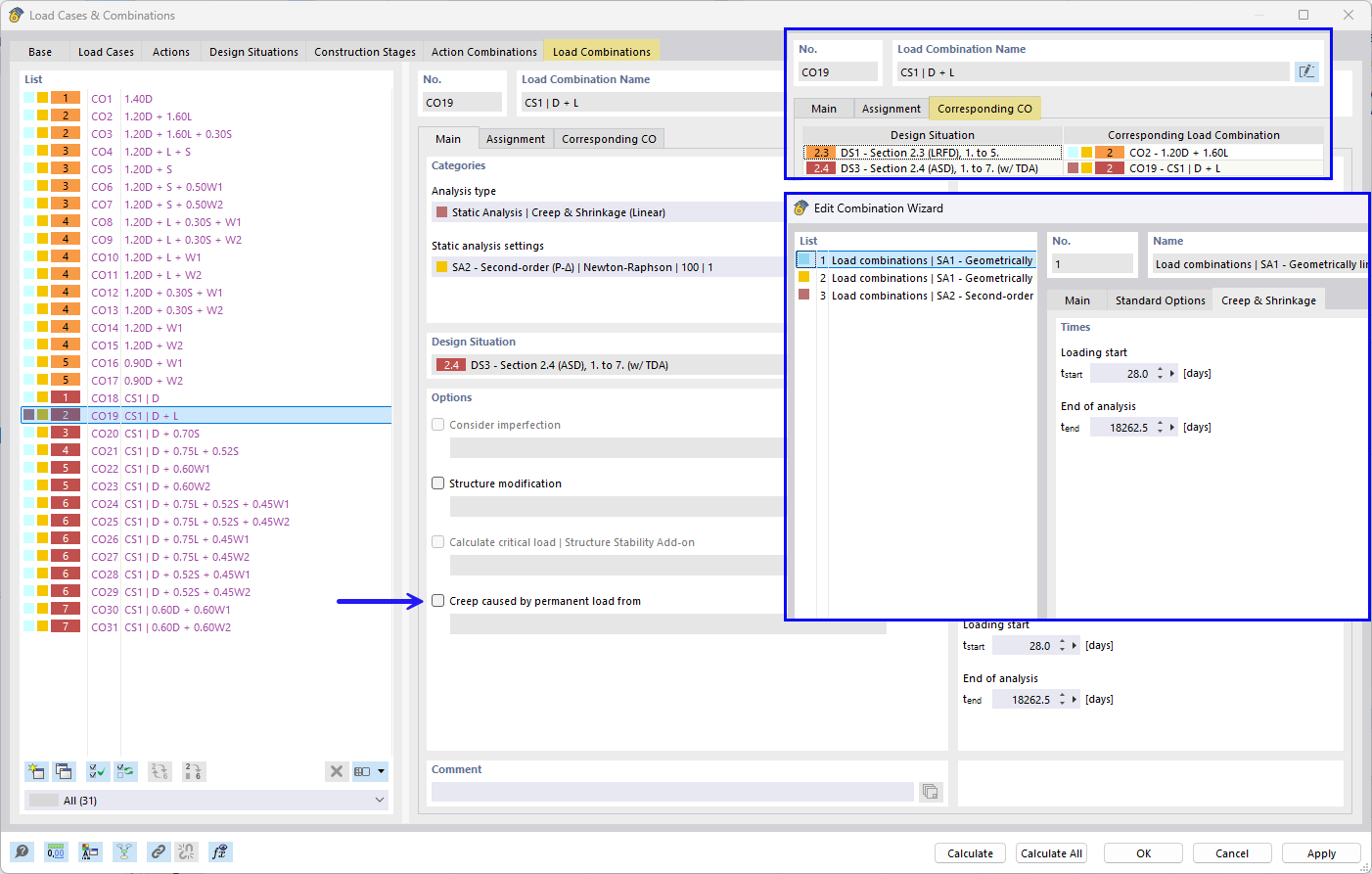 Setting of the creep-inducing permanent load using the combination wizard and corresponding combinations