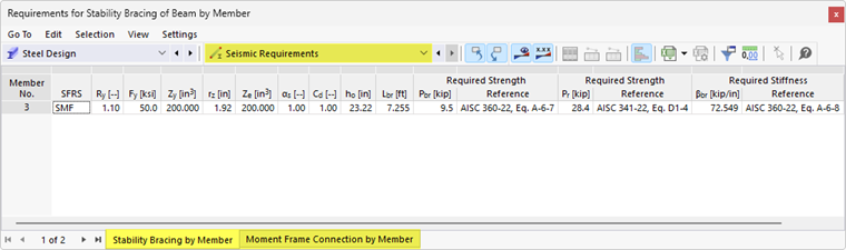 Result Tables "Seismic Requirements" for Steel Design