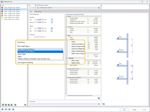 Illustration showing different types of floor diaphragms: rigid, semi-rigid, and flexible, each independently assignable to building stories.