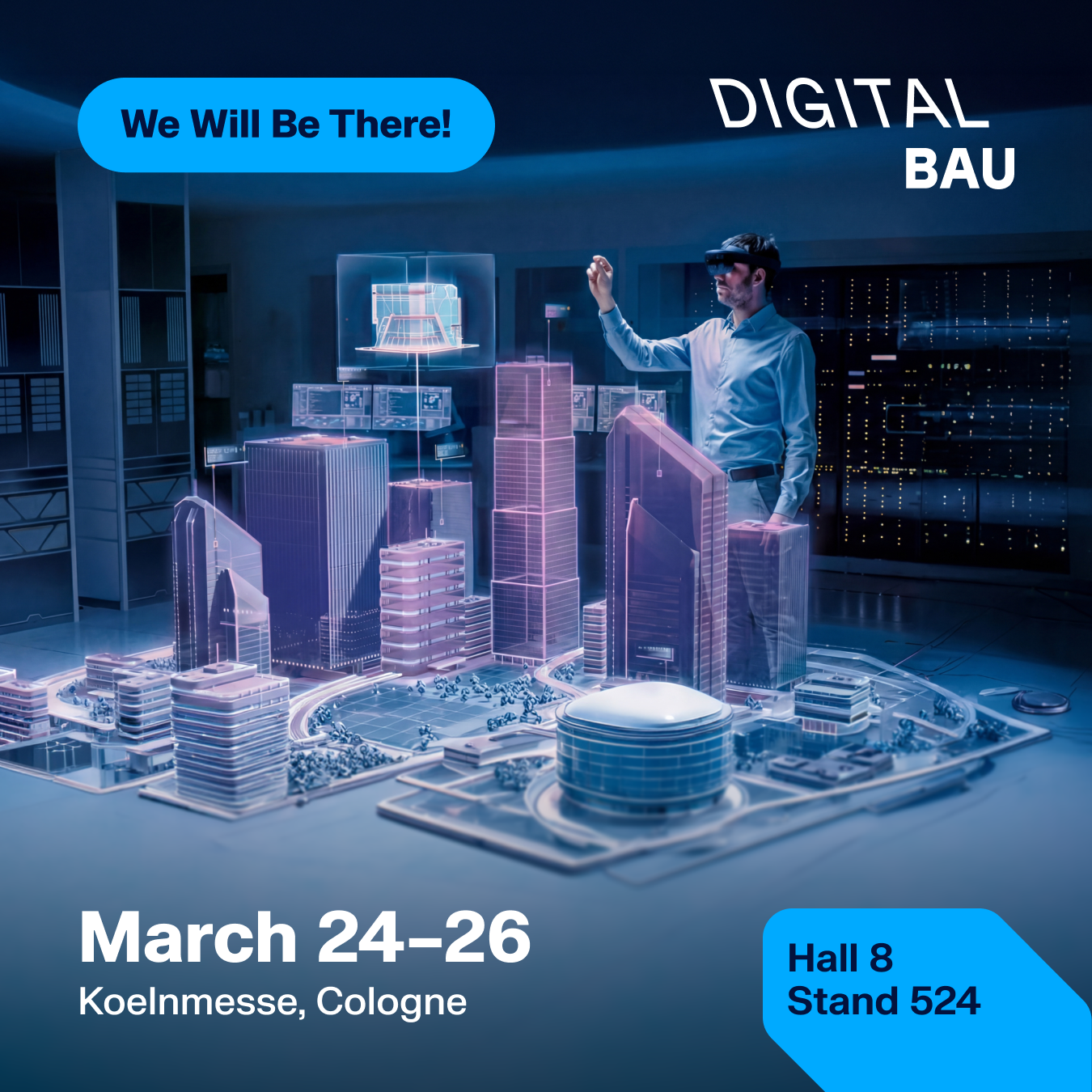 Corporate trade fair stand at digitalBAU 2026 Cologne showing innovative engineering solutions.