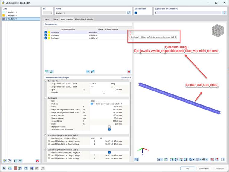Incorrect definition of the “splice plate” member component by using the “On member” node type.