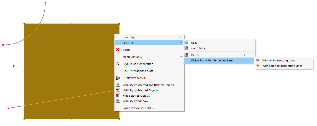 Shortcut menu with functions for dividing the part