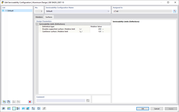 Dialog Box "Edit Serviceability Configuration", Tab "Surfaces"