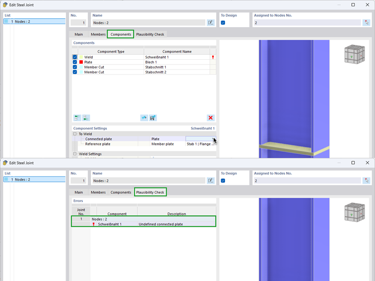 The RFEM 6 plausibility check of a steel joint shows an undefined connected plate when the component sequence is incorrect.