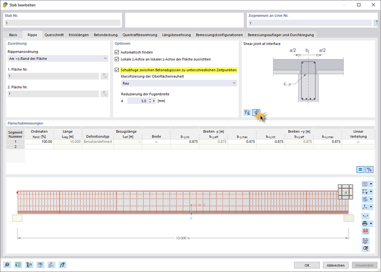 Dialog box for specifying surface roughness and joint width for shear force in ribs.