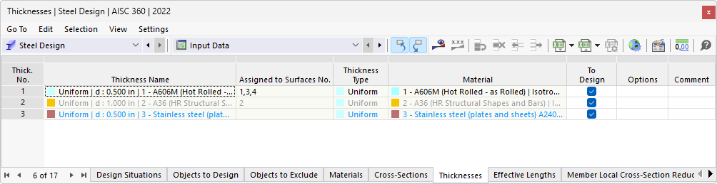 Table "Thicknesses" for Steel Design