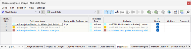 Table "Thicknesses" for Steel Design