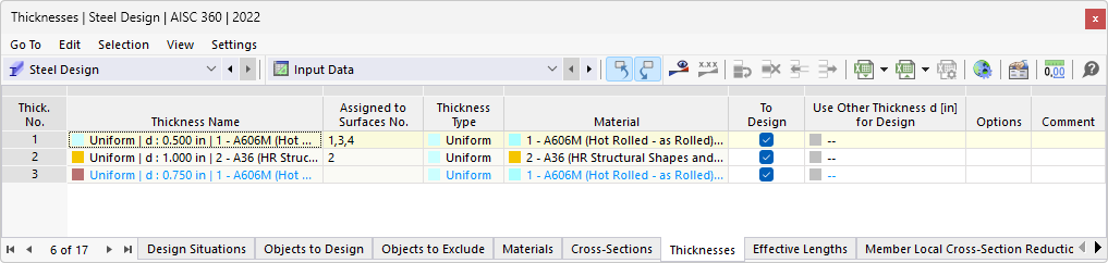 Table "Thicknesses" for Steel Design