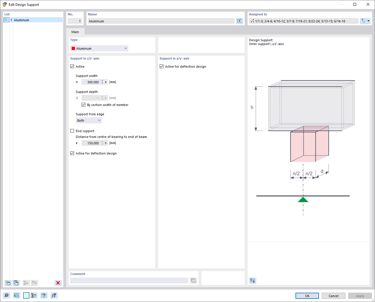 Dialog Box "Edit Design Supports", Type "Aluminum"