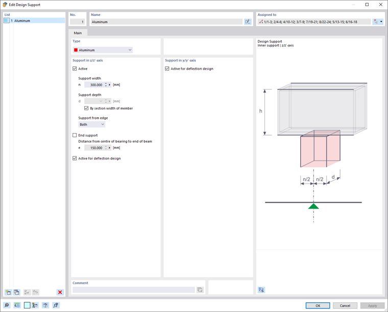 Dialog Box "Edit Design Supports", Type "Aluminum"