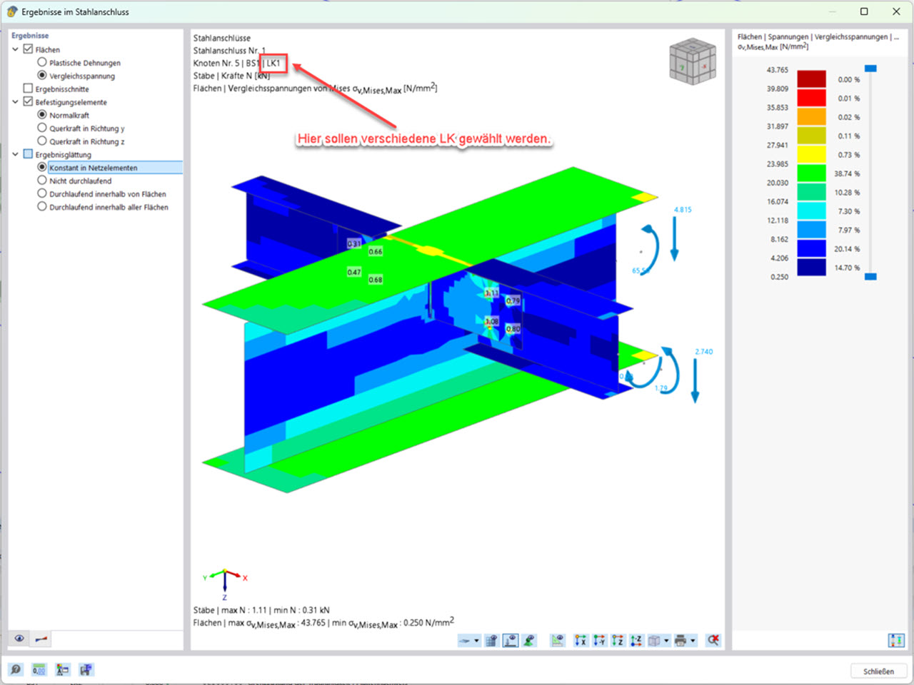 Window "Results in Steel Joint", analyzing results of a load combination