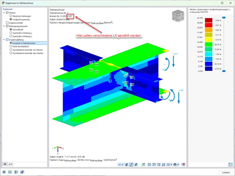 Window "Results in Steel Joint", analyzing results of a load combination