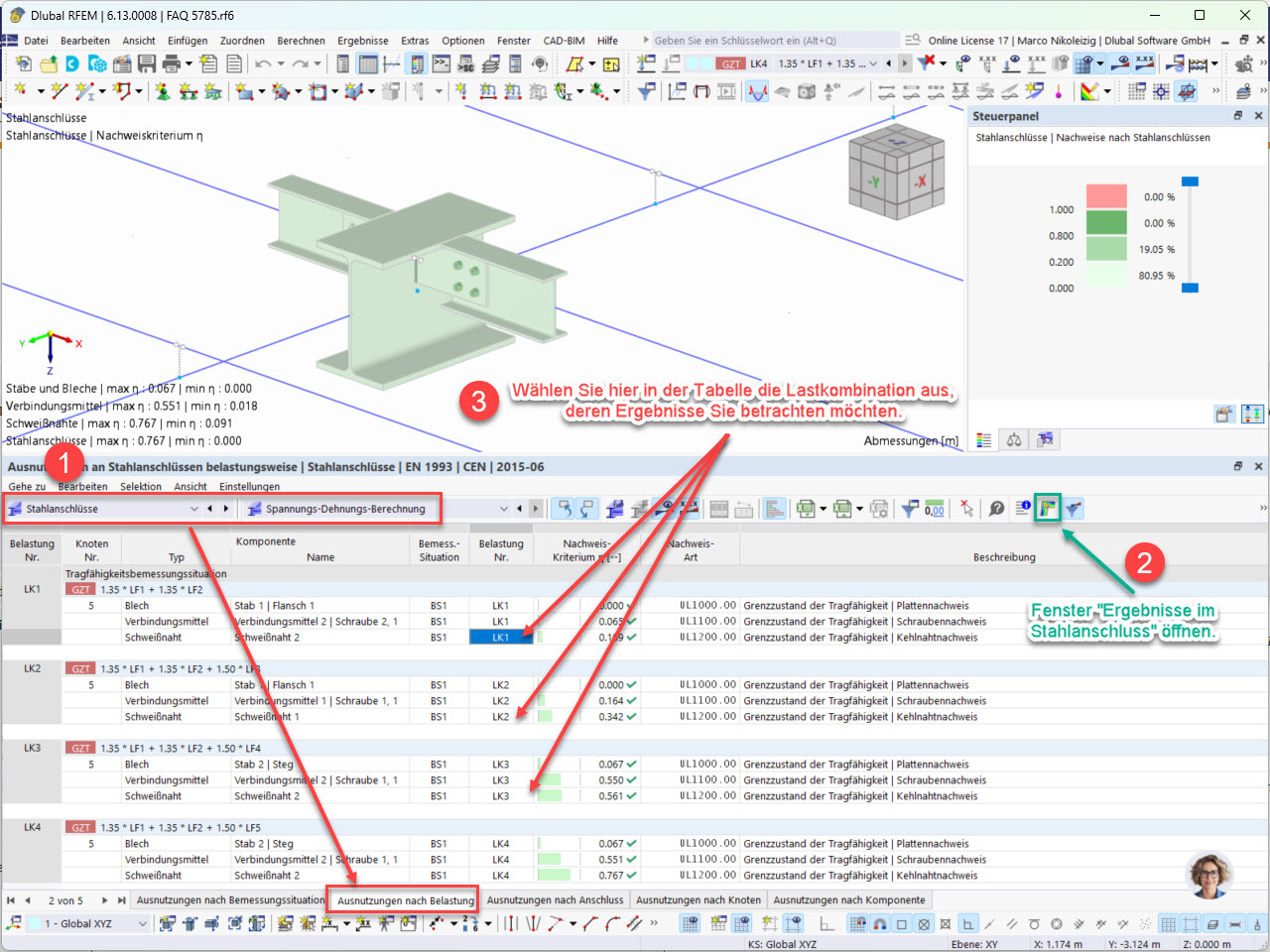 Result table, evaluation of load combination results