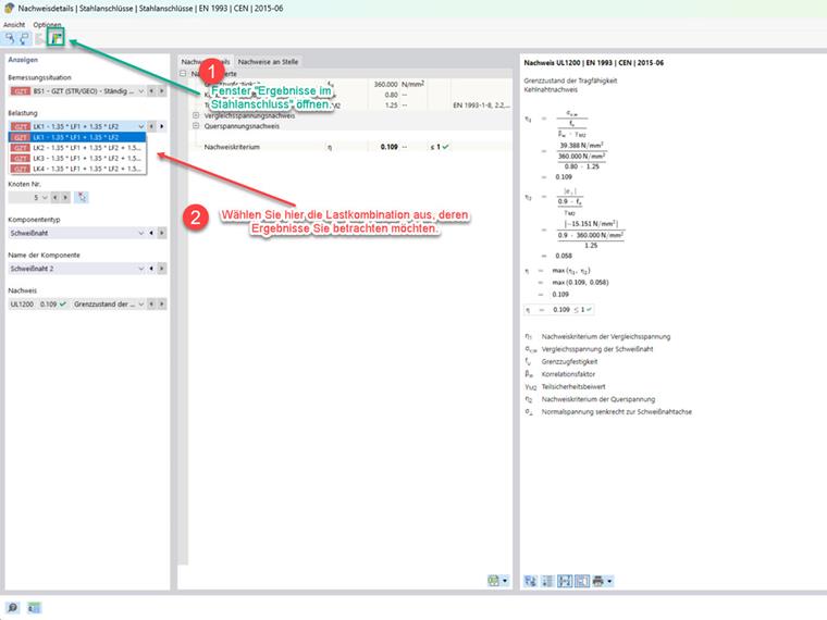 Window "Design Check Details", analysis of load combination results