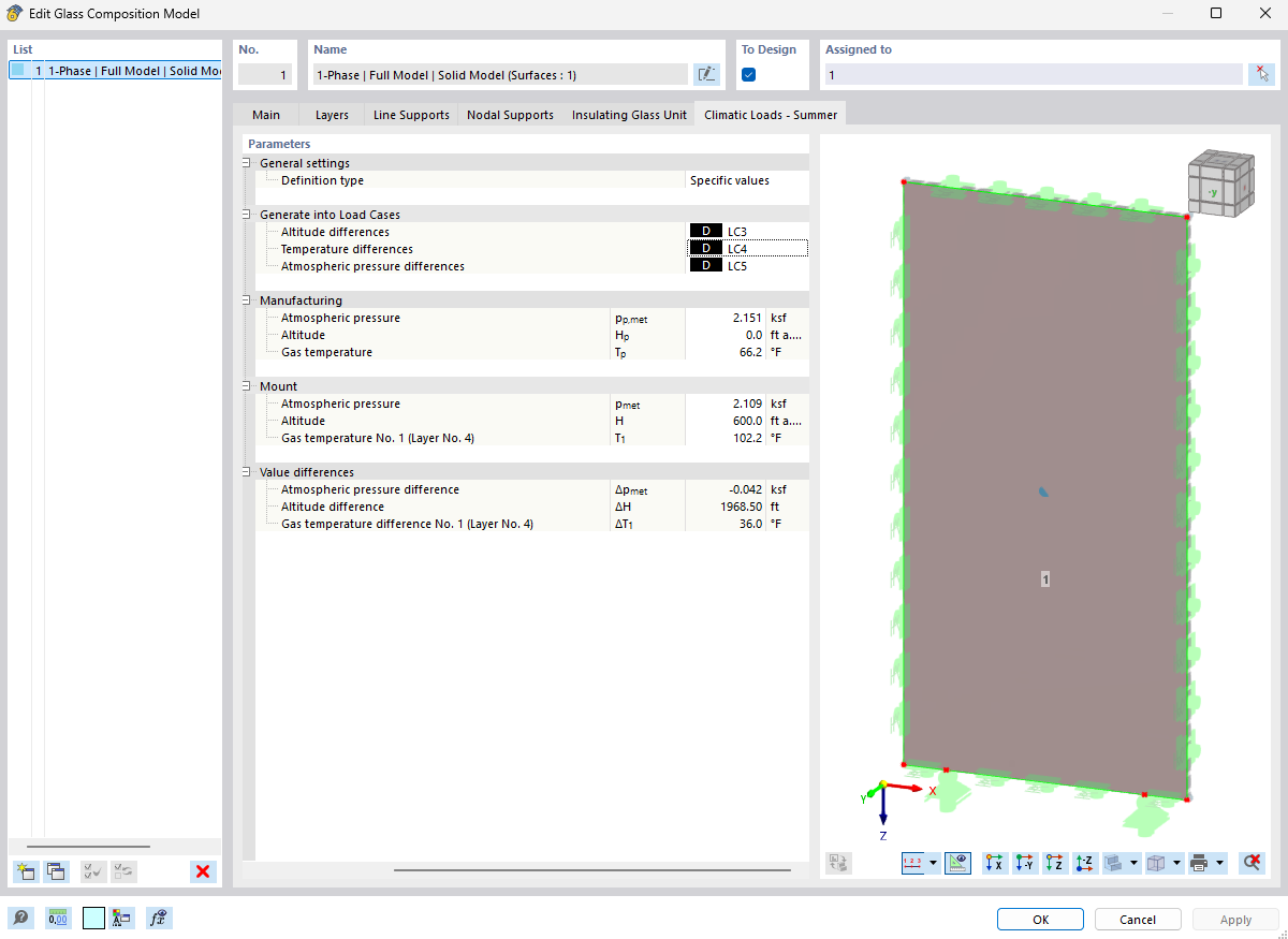 Display of the definition of climatic loads on insulating glass panes for structural projects.