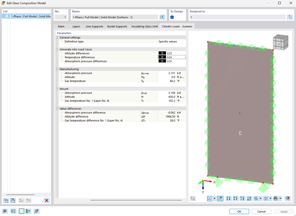 Display of the definition of climatic loads on insulating glass panes for structural projects.