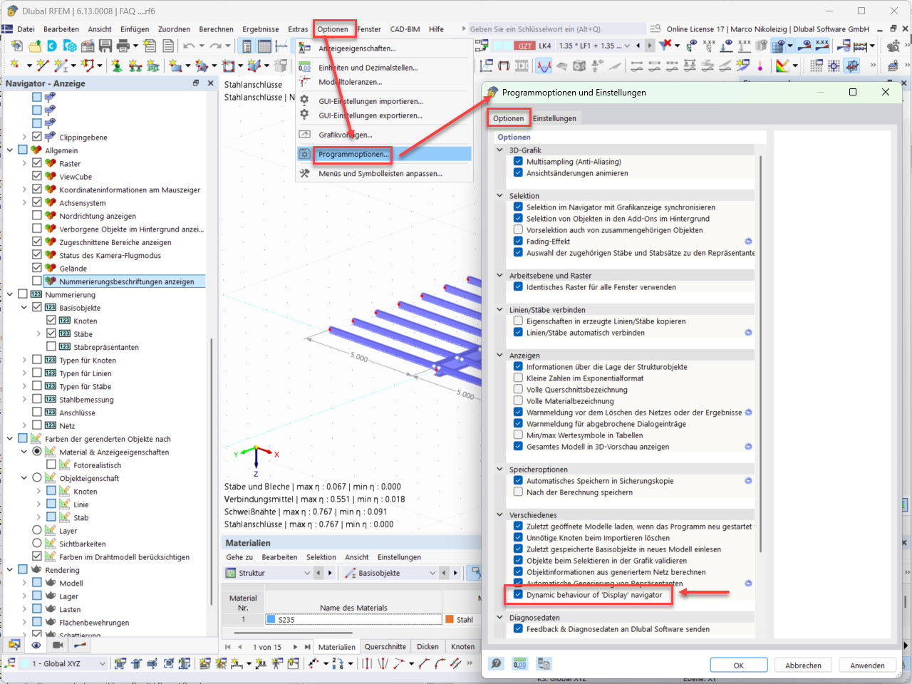 Display of program options