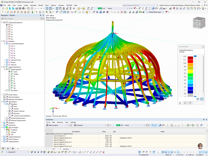 Roof deformation analyzed in RSTAB shows load distribution and structural behavior. ©ALS Adelmann-Landgraf-Schäfer