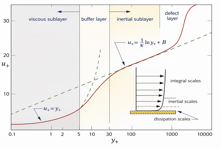 Turbulent boundary layer structure in wall units, showing viscous, buffer, logarithmic, and outer regions