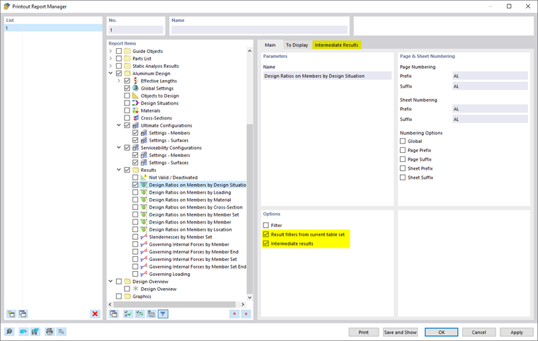Options for Result Filter and Intermediate Results