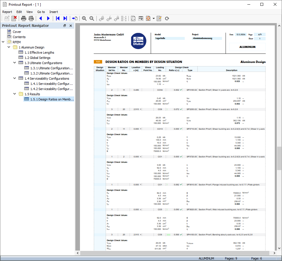 Printout Report with Aluminum Design Data