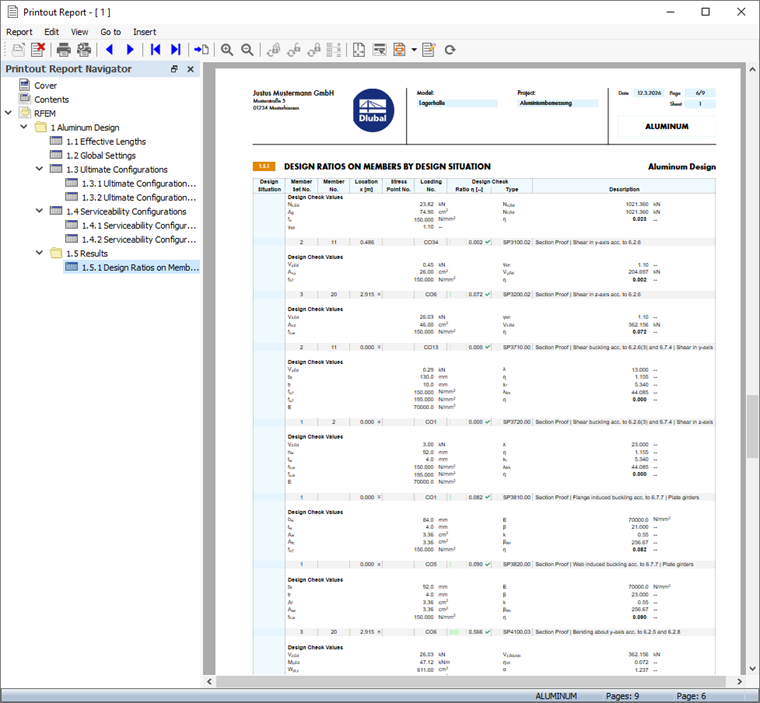 Printout Report with Aluminum Design Data
