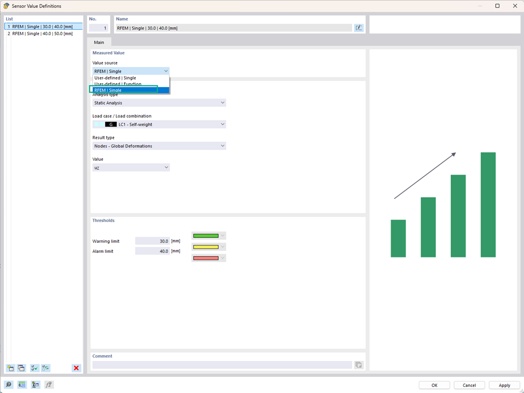 Entering a single value per sensor in the "RFEM | Single" definition.