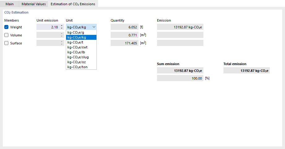 Specifying Unit Emissions and Unit for Material
