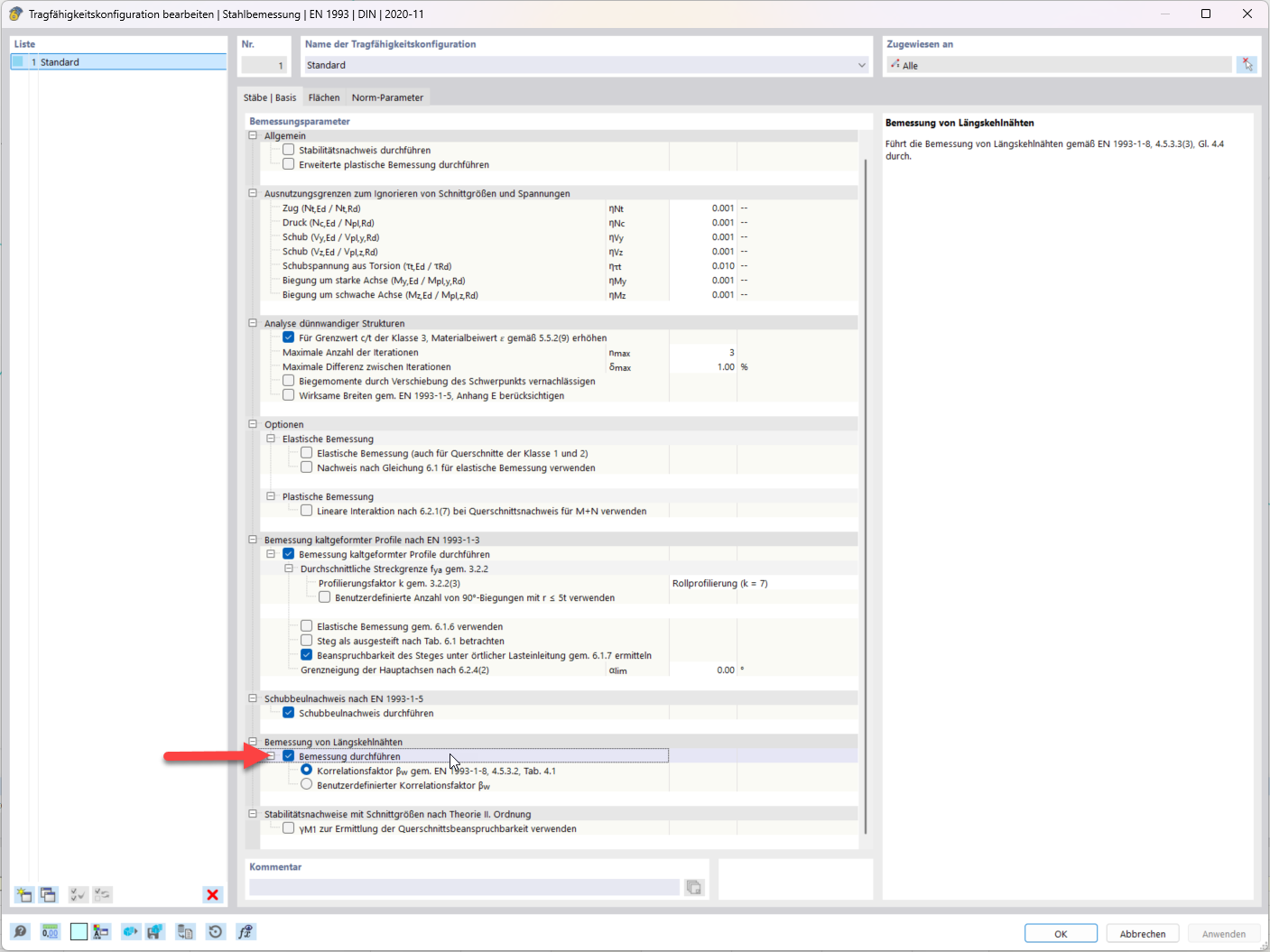 Dialog box for configuring ultimate limit state in the Steel Design add-on, with a focus on enabling longitudinal fillet welds.
