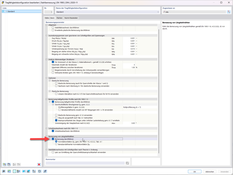 Dialog box for configuring ultimate limit state in the Steel Design add-on, with a focus on enabling longitudinal fillet welds.
