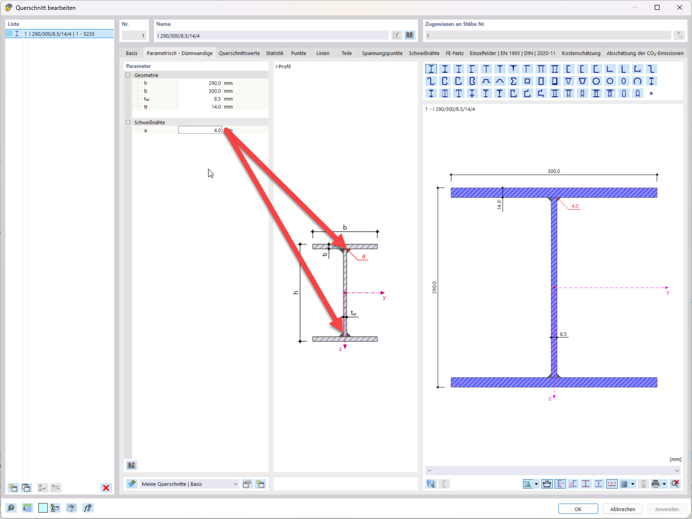 The cross-section definition dialog box shows the welded cross-section with the weld thickness highlighted.