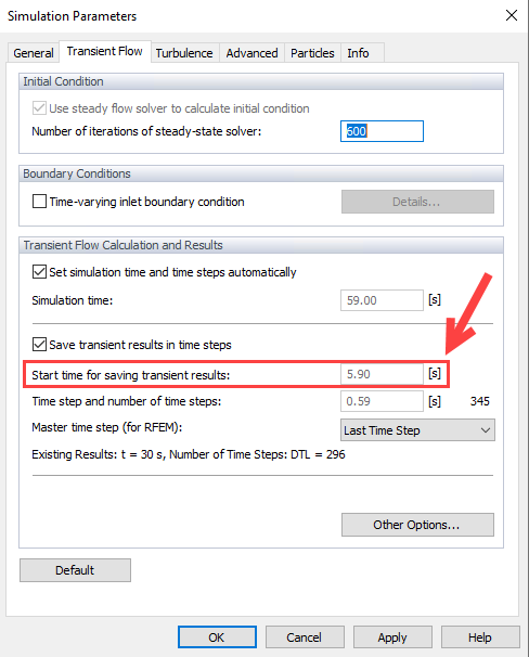 Start Time for Saving Transient Results
