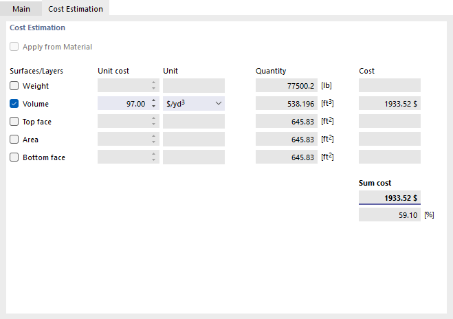 Specifying Unit Costs and Unit for Thickness