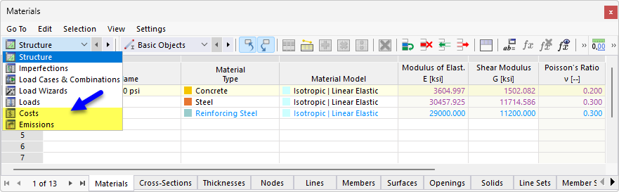 Categories "Costs" and "Emissions" in Table
