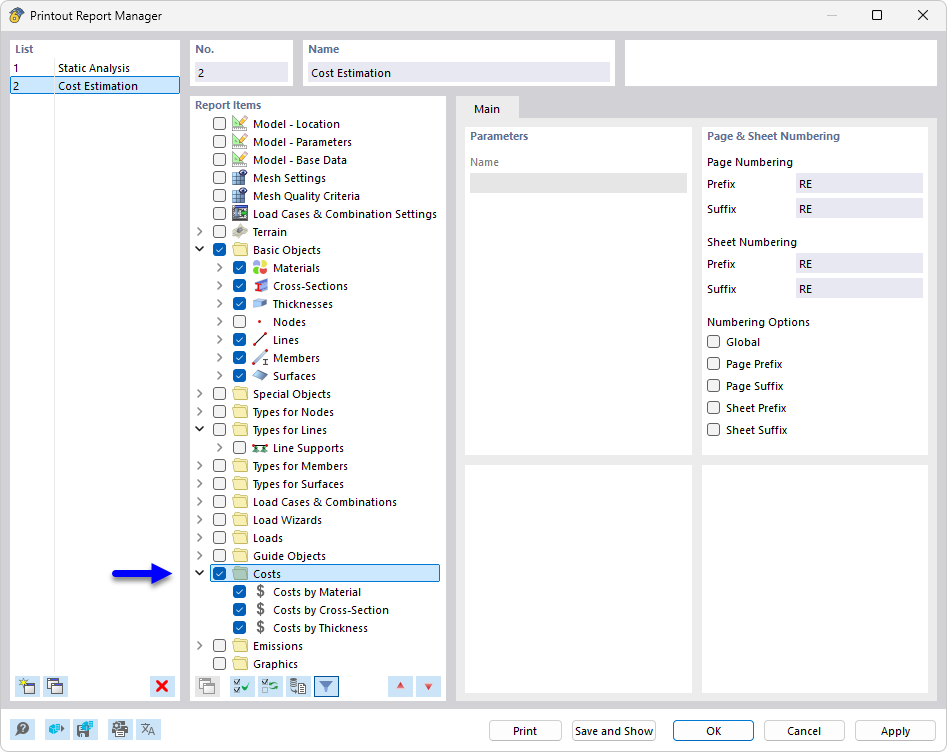 Printout Report Manager with Chapters for Costs
