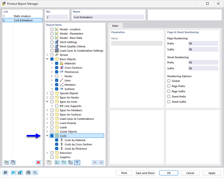 Printout Report Manager with Chapters for Costs