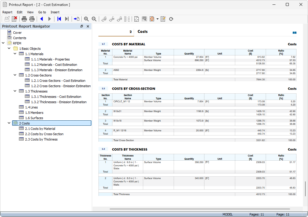 Printout Report with Cost Estimation Data