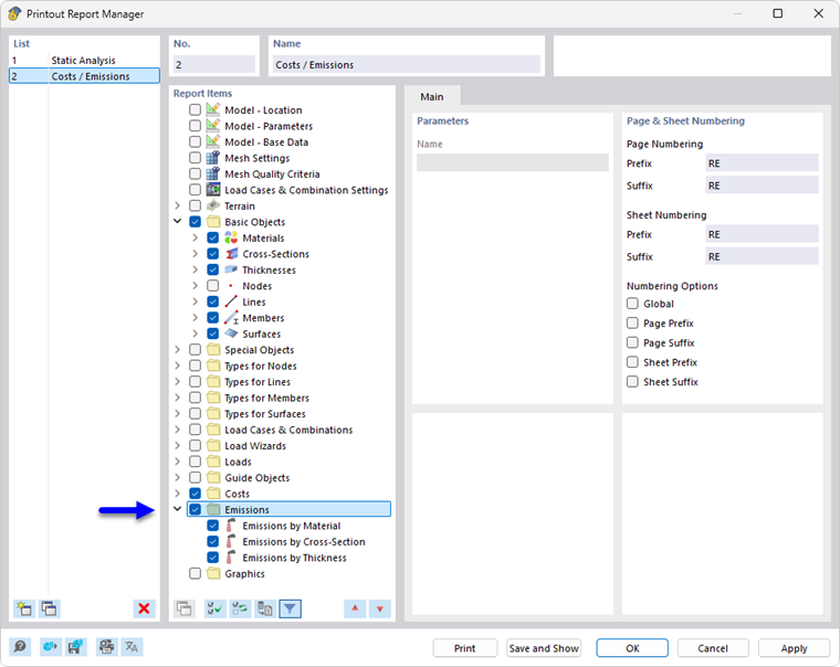 Printout Report Manager with Chapters for Emissions