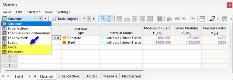 Categories "Costs" and "Emissions" in Table