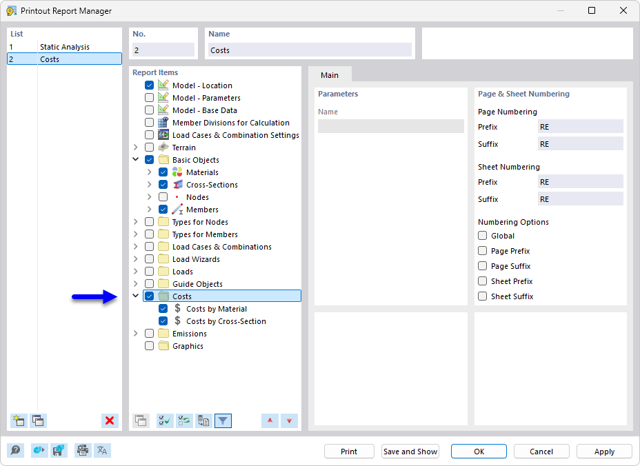 Printout Report Manager with Chapters for Costs