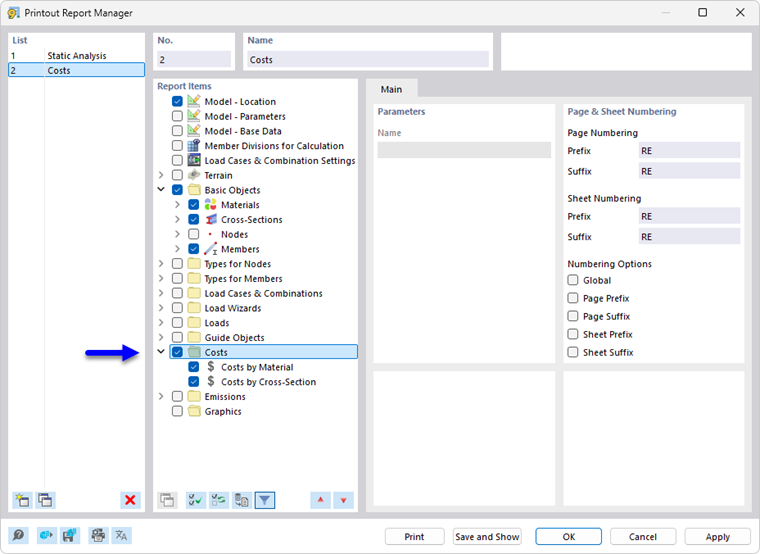 Printout Report Manager with Chapters for Costs