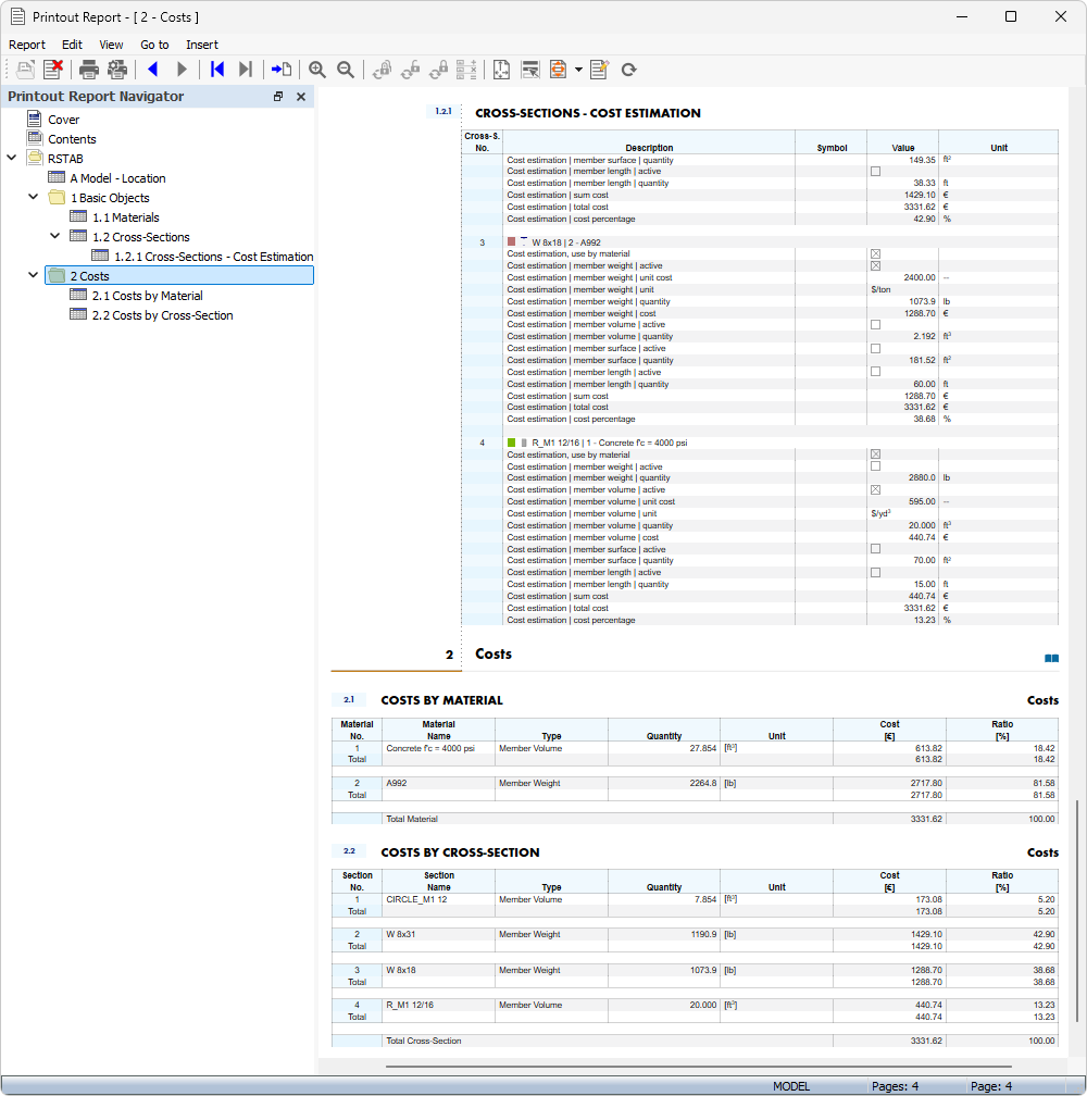 Printout Report with Cost Estimation Data
