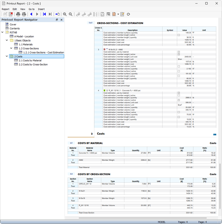 Printout Report with Cost Estimation Data