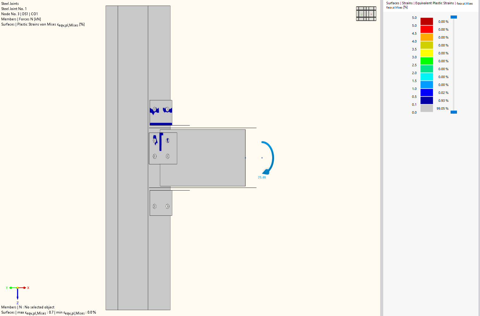 Analysis of equivalent stresses and plastic strain in a top seat and double web cleat connection, visualized for structural assessment.