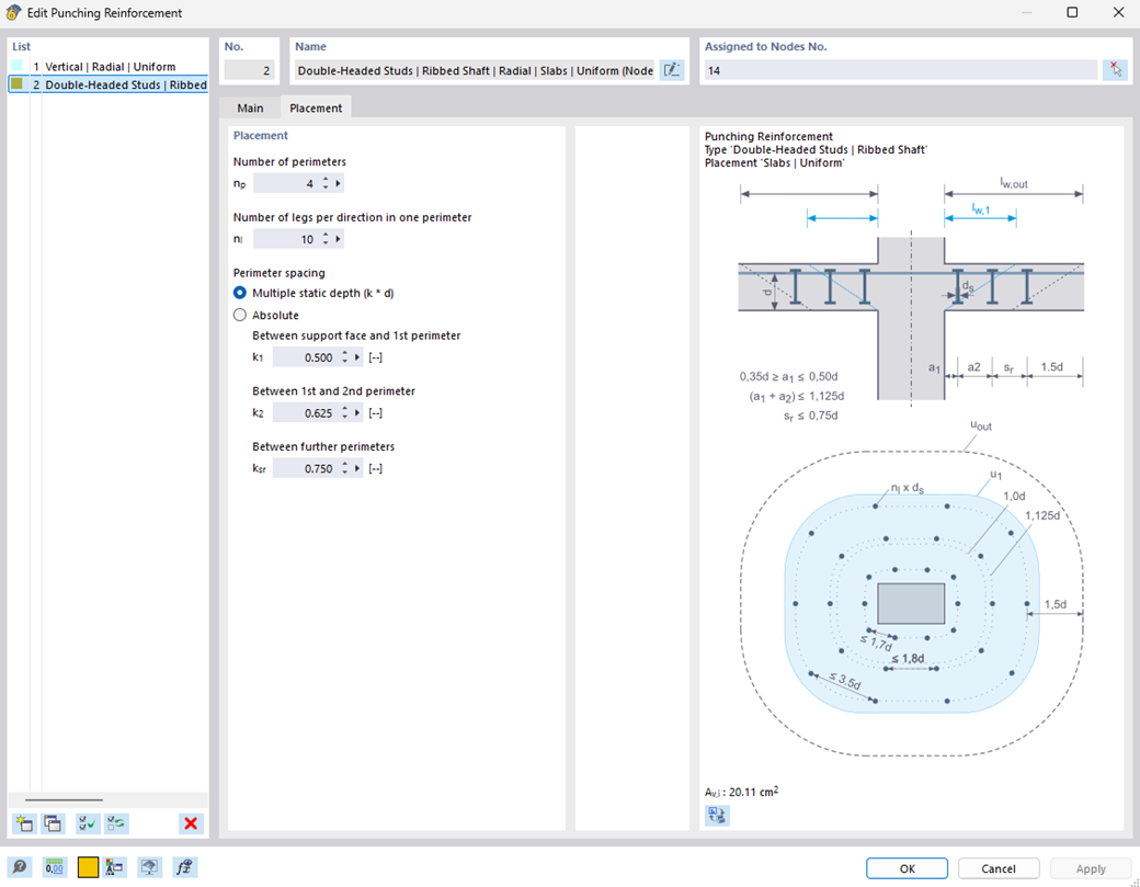 Double-headed studs as punching reinforcement for design according to EC 2 with adjusted standard parameters.