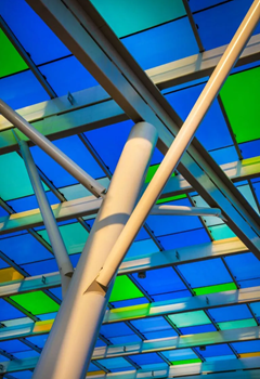 Steel structure with detailed connections and reinforcements, showing technical details of the structural framework.